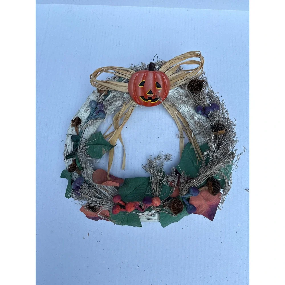 Fall Halloween Wreath Faux Pumpkin Berry‎ Pinecone Straw Front Door Decor